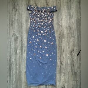 Adrianna Papell Off the Shoulder Dress with Floral Embellishments in Blue Sz M